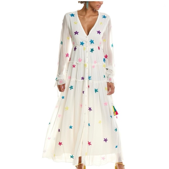 Rococo Sand Dara Cape white w/ bell sleeves sequence belt beach cover up - Picture 7 of 8